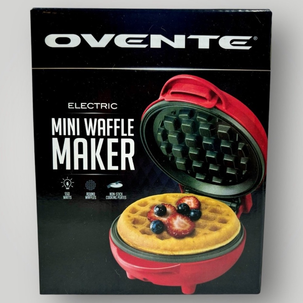 Ovente Electric Mini Waffle Maker, 4-Inch Non-Stick Plates, Red!